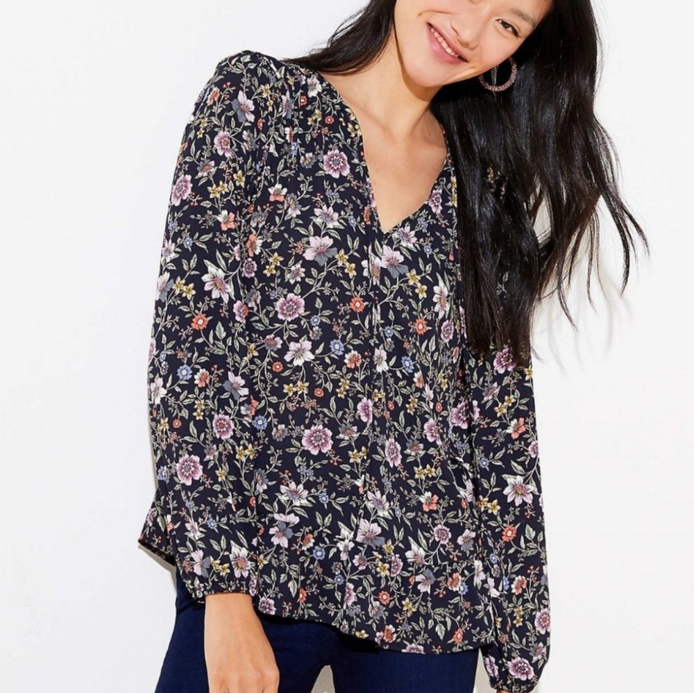 Ann Taylor LOFT Top Elastane Long Sleeves Multicolor Floral Tie Neck